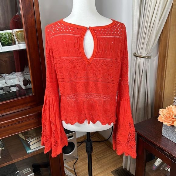 Free People Red Lace Bell Sleeve Top - Picture 9 of 15